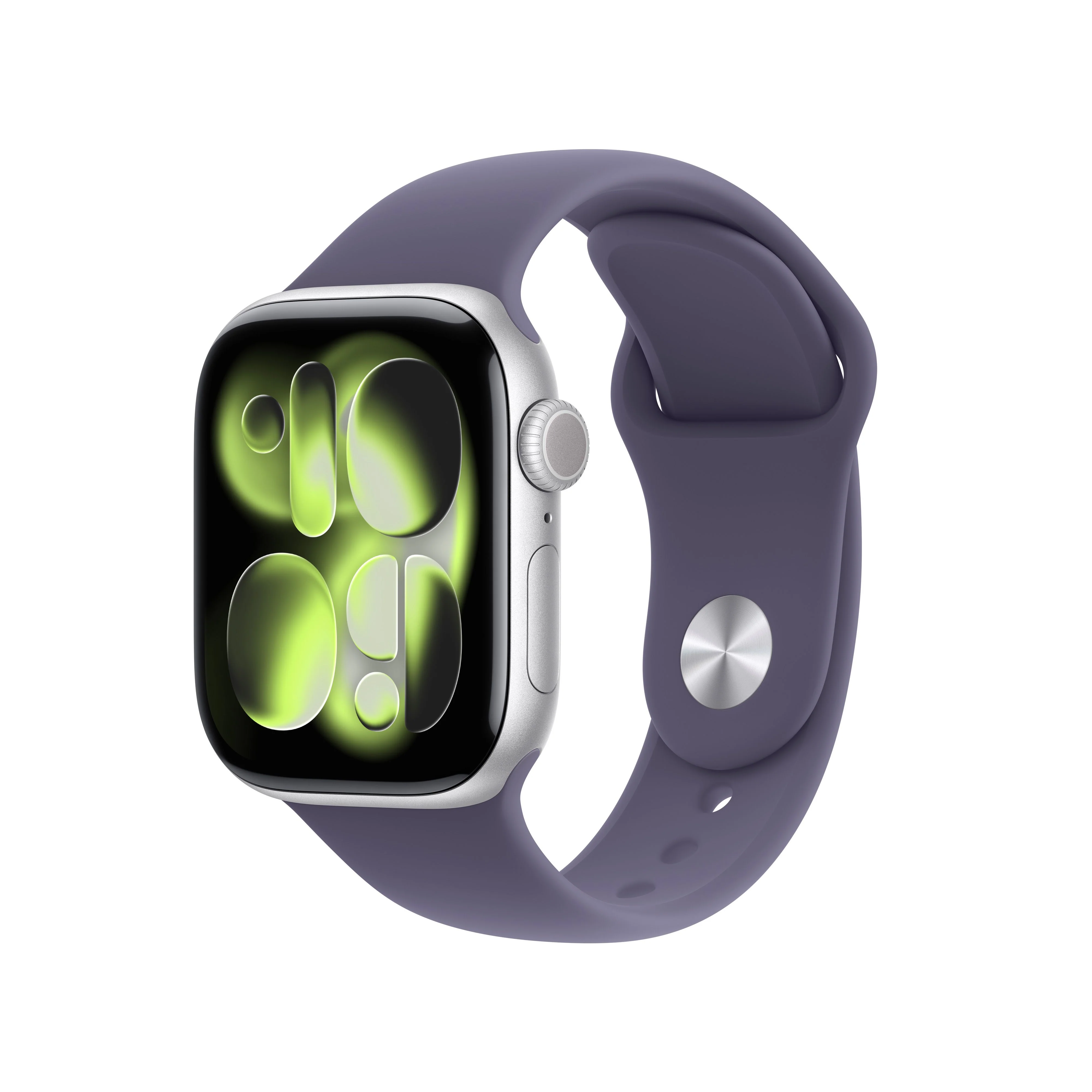 Apple Watch Series 11 (GPS + Cellular) • 42‑mm kast van zilverkleurig aluminium • Zachtpaars sportbandje - M/L