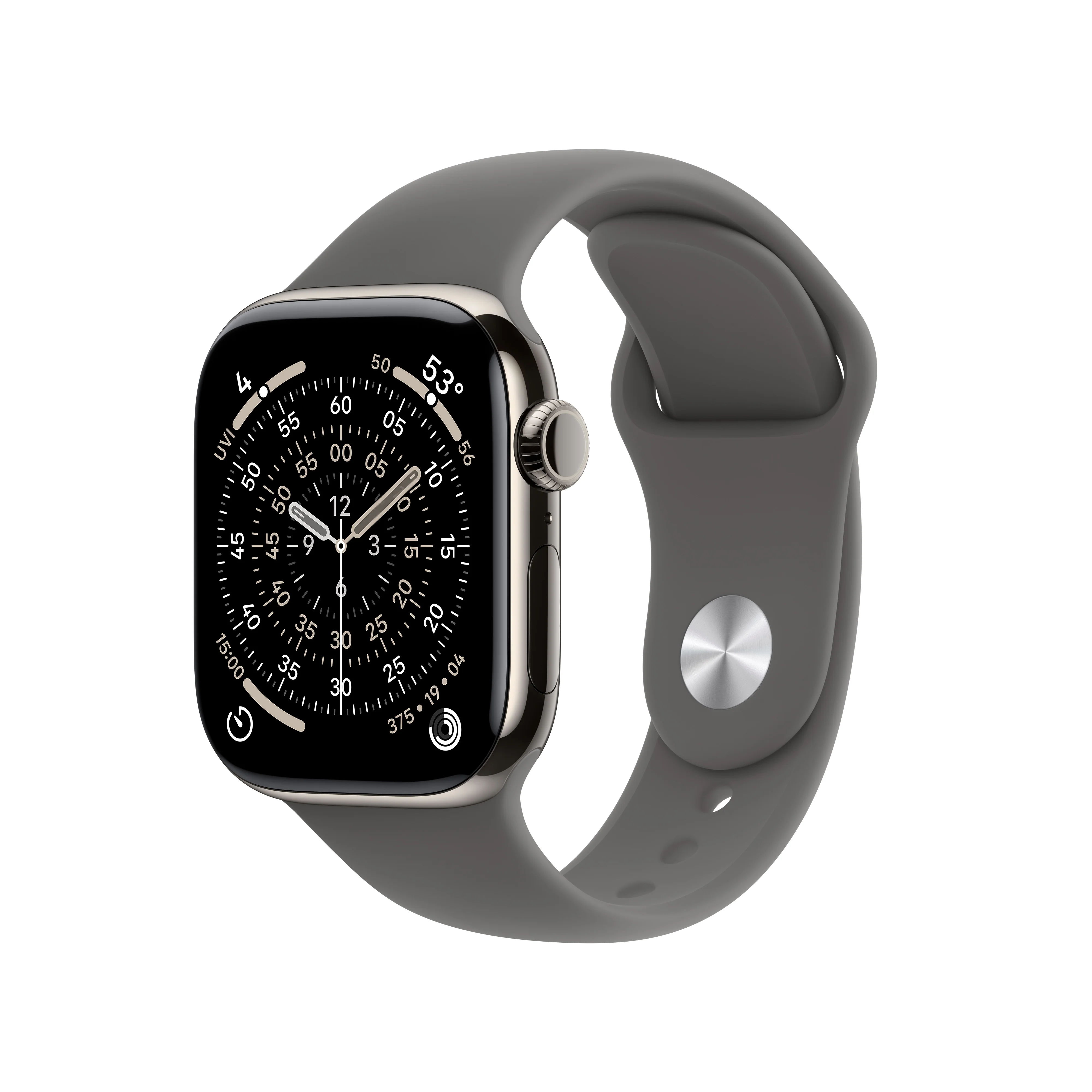 Apple Watch Series 11 (GPS + Cellular) • 42‑mm kast van naturel titanium • Rotsgrijs sportbandje - S/M