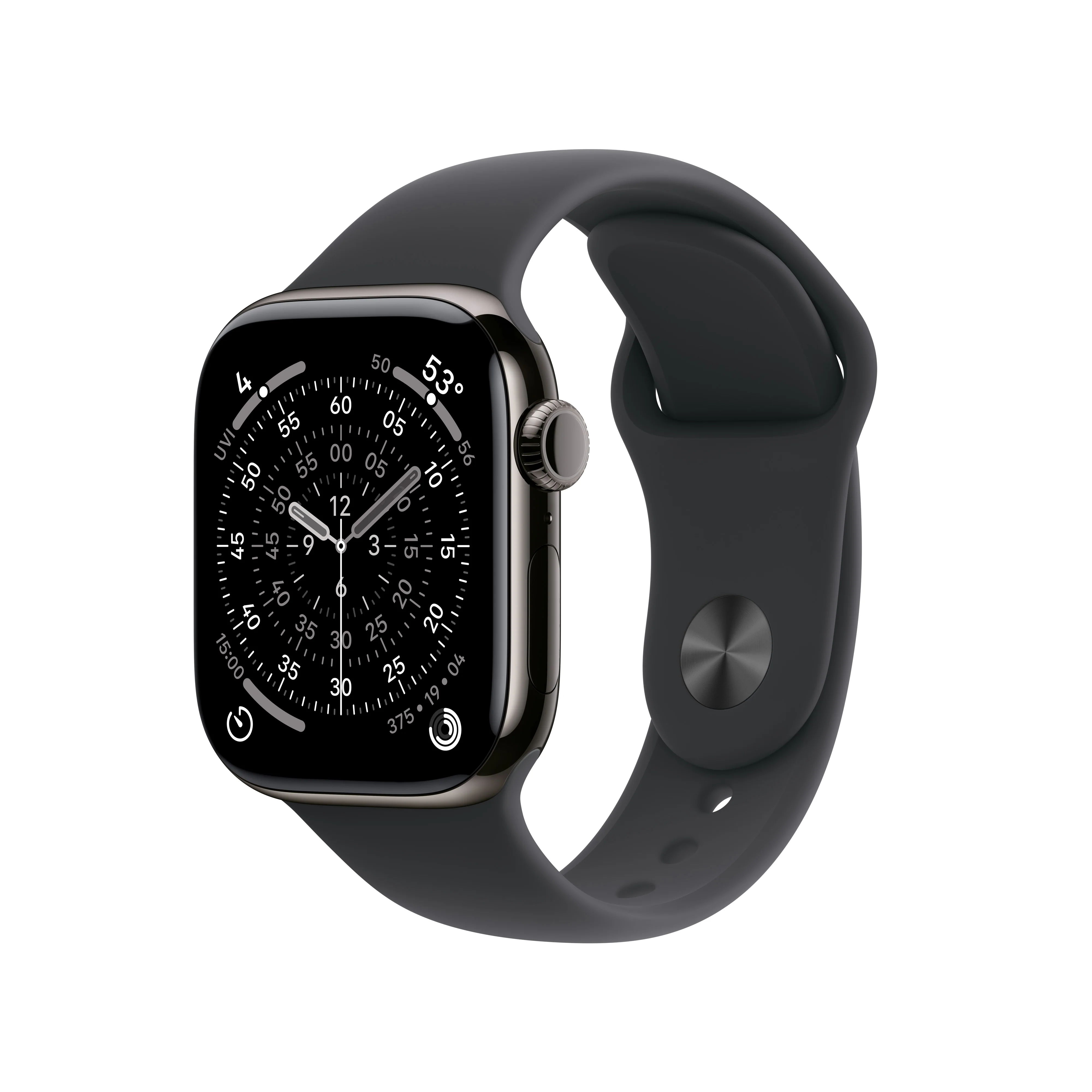 Apple Watch Series 11 (GPS + Cellular) • 42‑mm kast van leisteen titanium • Zwart sportbandje - M/L