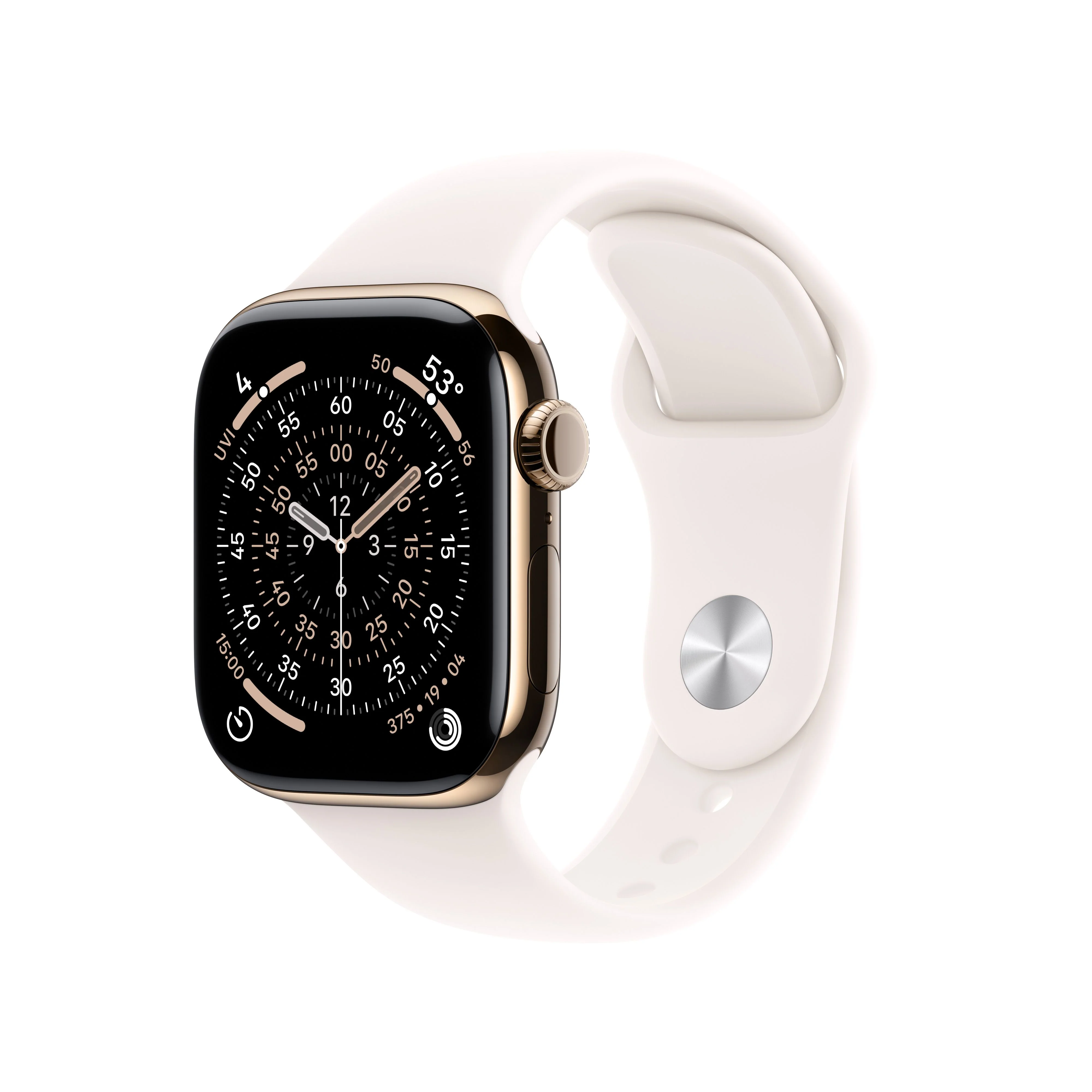 Apple Watch Series 11 (GPS + Cellular) • 42‑mm kast van goudkleurig titanium • Rosé sportbandje - M/L