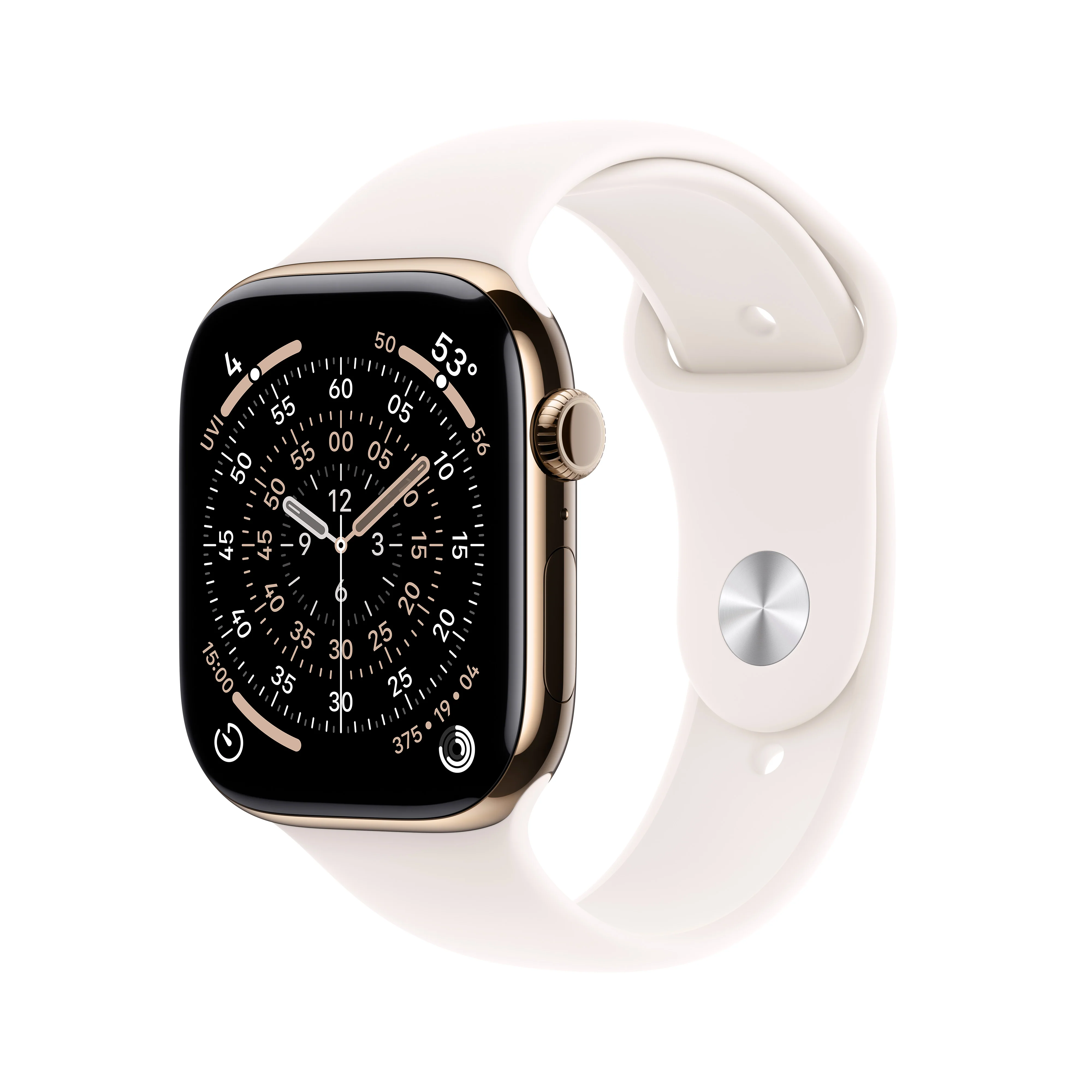 Apple Watch Series 11 (GPS + Cellular) • 46‑mm kast van goudkleurig titanium • Rosé sportbandje - M/L
