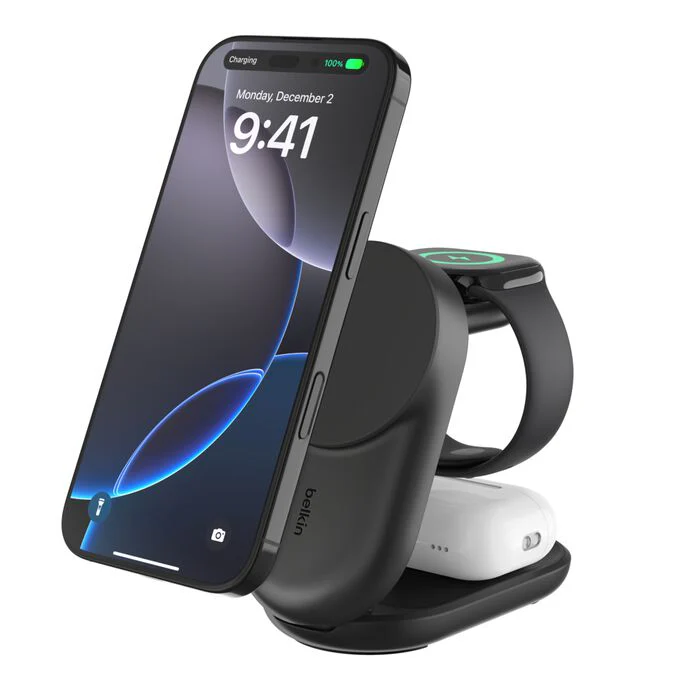 Belkin UltraCharge | 3-in-1 magnetische draadloze laadstandaard met Qi2 (25 W) - Zwart