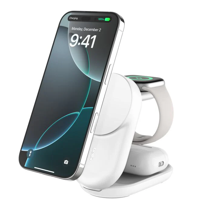 Belkin UltraCharge | 3-in-1 magnetische draadloze laadstandaard met Qi2 (25 W) - Wit